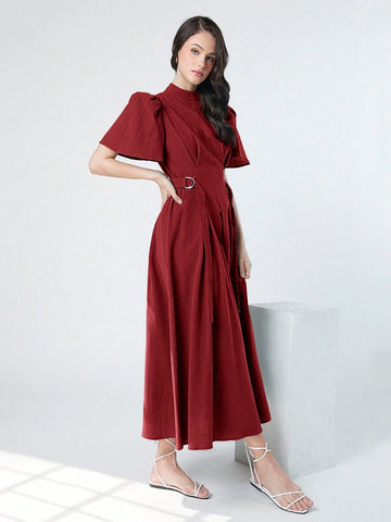 Women's Spring/Summer Solid Color Stand Collar Bubble Sleeve Dress