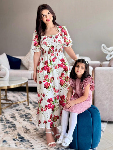 Women's Square Neck Floral Printed A-Line Summer Dress, Elegant