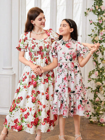 Women's Square Neck Floral Printed A-Line Summer Dress, Elegant