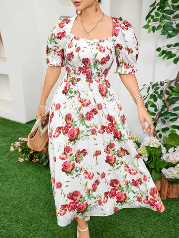 Women's Square Neck Floral Printed A-Line Summer Dress, Elegant