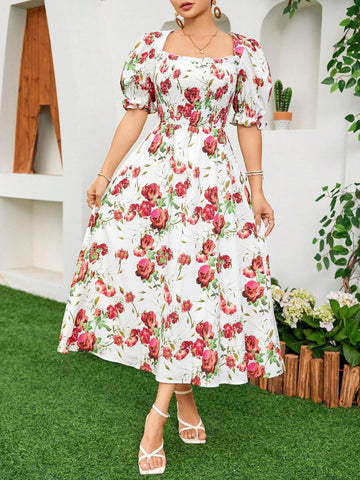 Women's Square Neck Floral Printed A-Line Summer Dress, Elegant