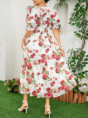 Women's Square Neck Floral Printed A-Line Summer Dress, Elegant