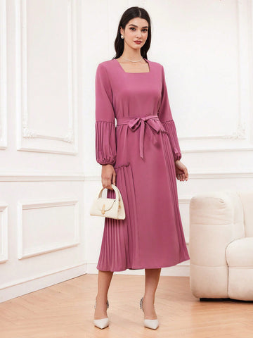 Women's Square Neckline Pleated Lantern Sleeve Dress