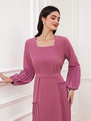 Women's Square Neckline Pleated Lantern Sleeve Dress