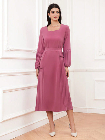 Women's Square Neckline Pleated Lantern Sleeve Dress