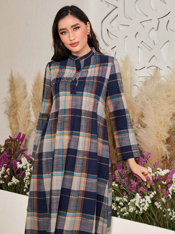 Women's Stand Collar Button Placket Checkered Long Sleeve Dress