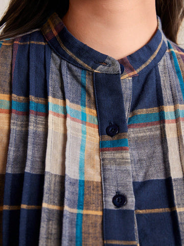 Women's Stand Collar Button Placket Checkered Long Sleeve Dress