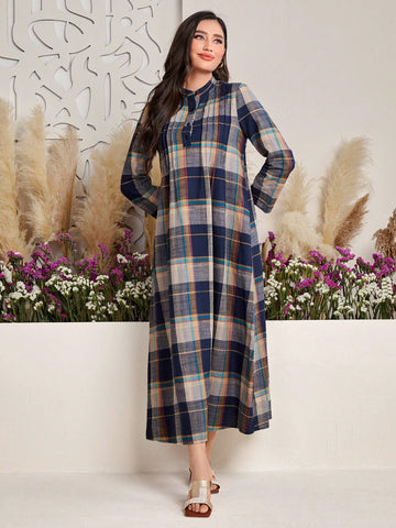 Women's Stand Collar Button Placket Checkered Long Sleeve Dress