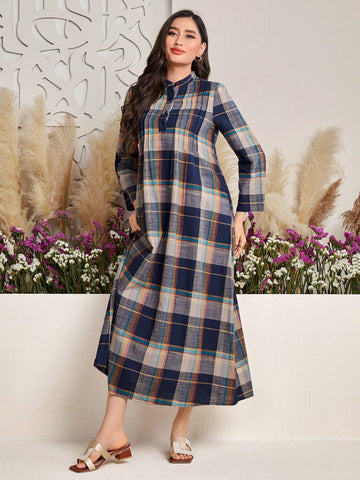 Women's Stand Collar Button Placket Checkered Long Sleeve Dress