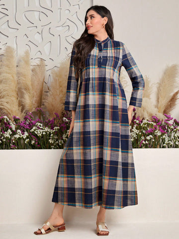Women's Stand Collar Button Placket Checkered Long Sleeve Dress