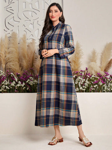 Women's Stand Collar Button Placket Checkered Long Sleeve Dress