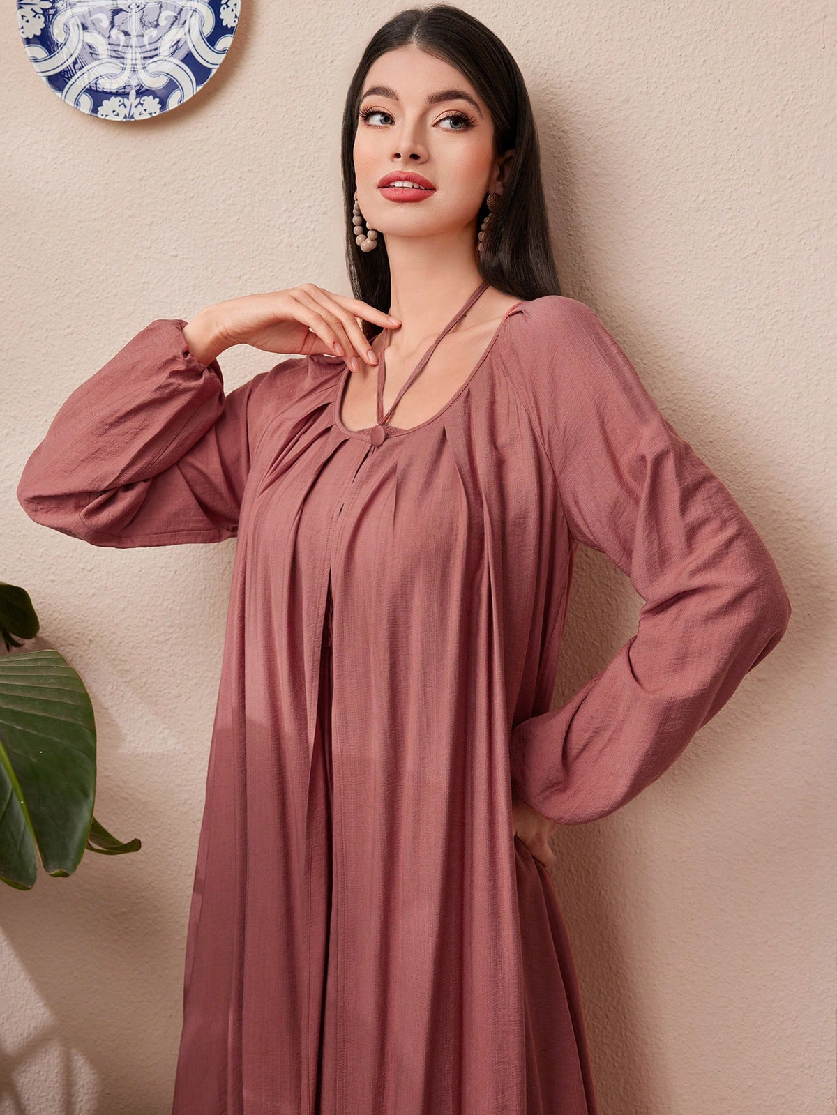 Women's Strapless Shirred Halter Neck Dress And Coat Set