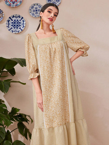 Women's Striped Dress With Floral Print Patchwork