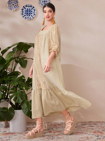 Women's Striped Dress With Floral Print Patchwork