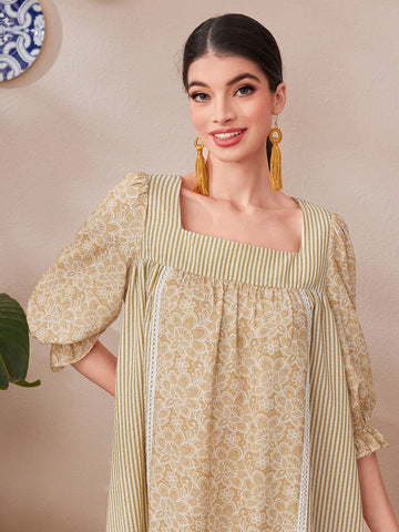 Women's Striped Dress With Floral Print Patchwork