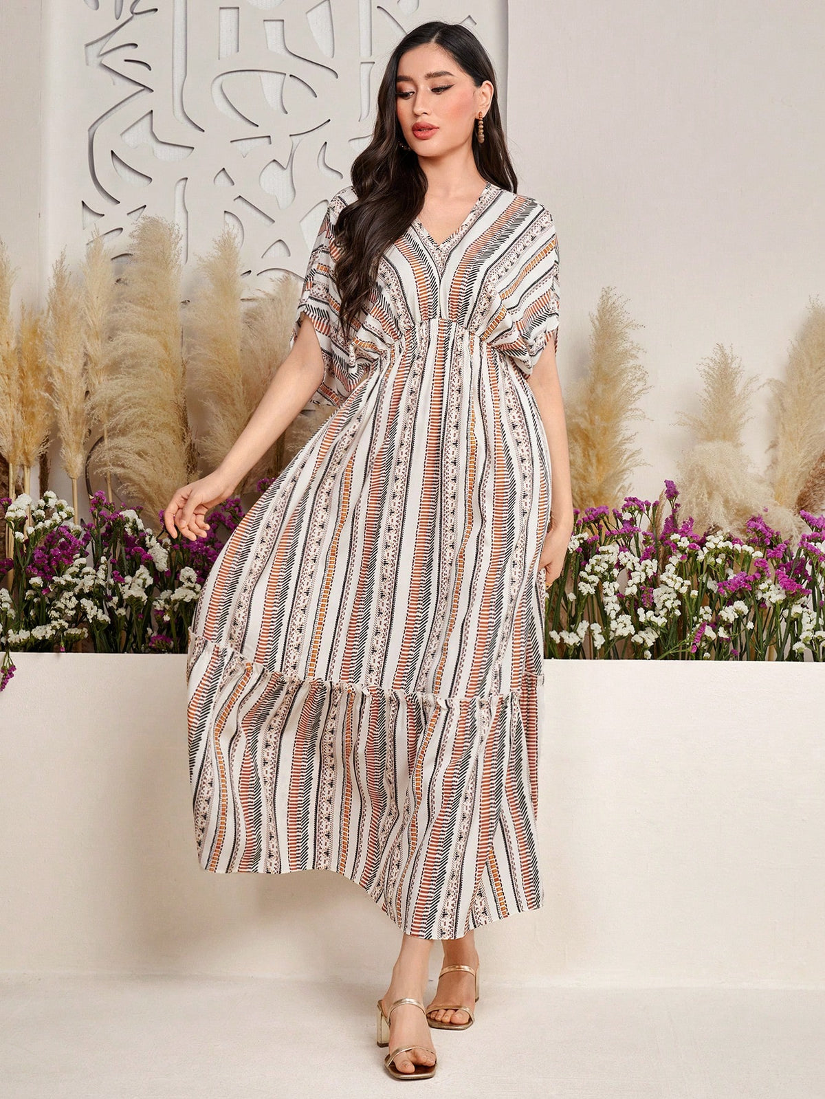 Women's Striped V-Neck Batwing Short Sleeve Dress