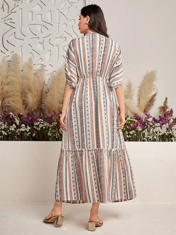 Women's Striped V-Neck Batwing Short Sleeve Dress