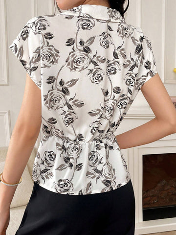 Mulvari Women's Summer Casual Floral Print Twisted Waist Shirt