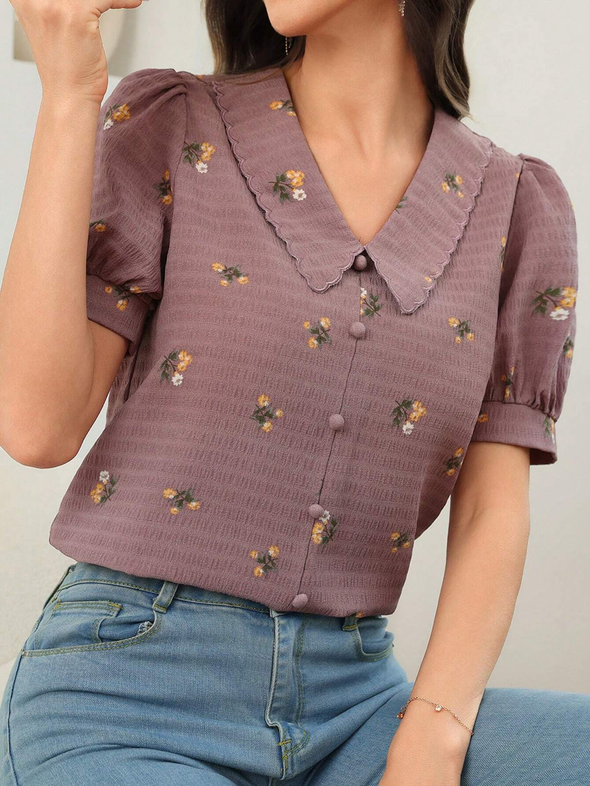 Mulvari Women's Summer Casual Puff Sleeve Ditsy Floral Blouse