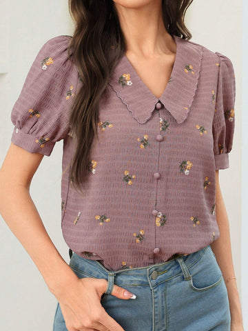 Mulvari Women's Summer Casual Puff Sleeve Ditsy Floral Blouse