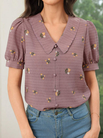 Mulvari Women's Summer Casual Puff Sleeve Ditsy Floral Blouse