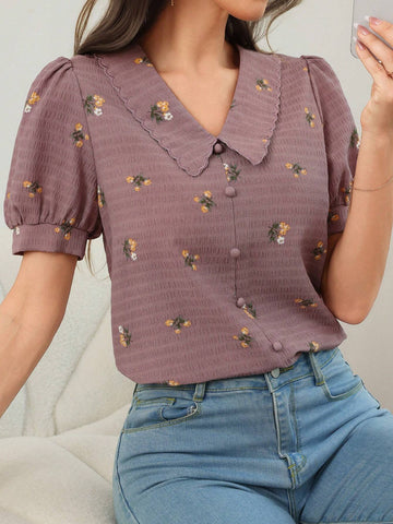 Mulvari Women's Summer Casual Puff Sleeve Ditsy Floral Blouse