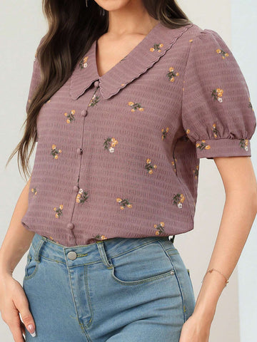 Mulvari Women's Summer Casual Puff Sleeve Ditsy Floral Blouse