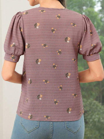 Mulvari Women's Summer Casual Puff Sleeve Ditsy Floral Blouse