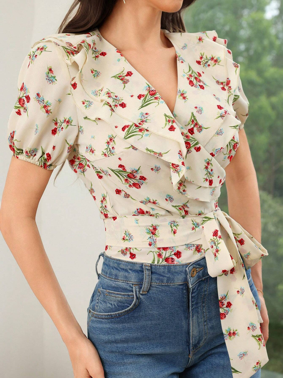 Mulvari Women's Summer Casual Tie-Front Shirt With Ditsy Floral And Ruffle Hem