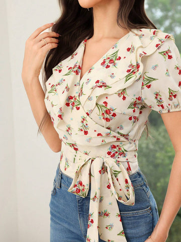 Mulvari Women's Summer Casual Tie-Front Shirt With Ditsy Floral And Ruffle Hem