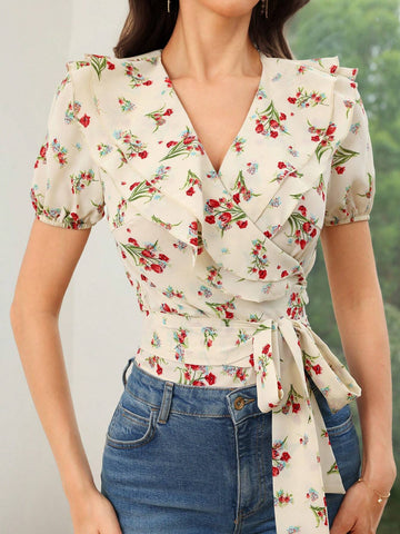 Mulvari Women's Summer Casual Tie-Front Shirt With Ditsy Floral And Ruffle Hem