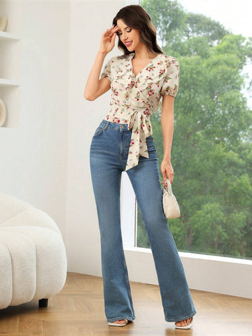 Mulvari Women's Summer Casual Tie-Front Shirt With Ditsy Floral And Ruffle Hem