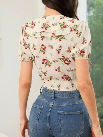 Mulvari Women's Summer Casual Tie-Front Shirt With Ditsy Floral And Ruffle Hem