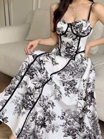 Women's Summer Elegant Chinese Ink Drawing Printed Spaghetti Strap Dress