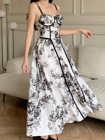 Women's Summer Elegant Chinese Ink Drawing Printed Spaghetti Strap Dress
