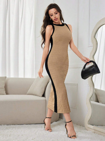 Women's Summer Elegant Color Block Side Slit Slim Fit Sleeveless Dress, Travel Clothes