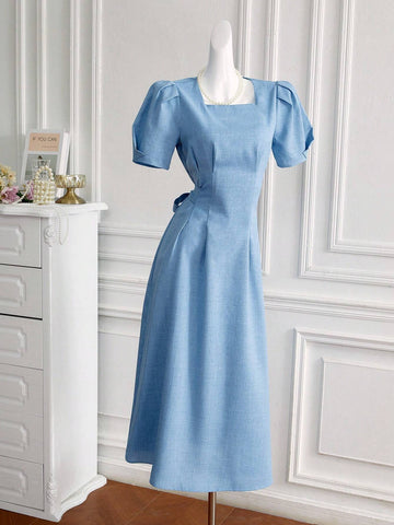 Women's Summer Elegant Dress With Bubble Sleeves And Square Neckline, Self-Tie Belt