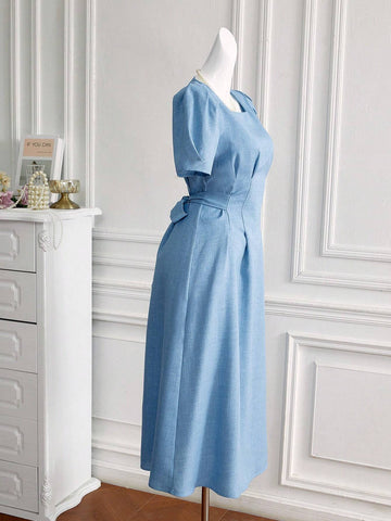 Women's Summer Elegant Dress With Bubble Sleeves And Square Neckline, Self-Tie Belt