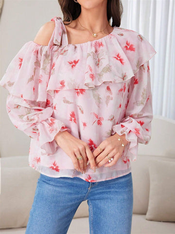 Mulvari Women's Summer Floral Print Spliced Asymmetric Ruffle Collar Bell-Sleeved Loose Shirt