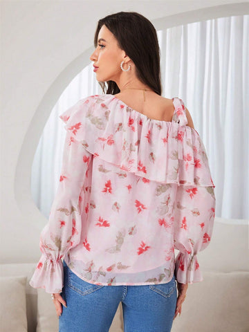Mulvari Women's Summer Floral Print Spliced Asymmetric Ruffle Collar Bell-Sleeved Loose Shirt