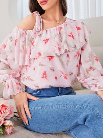 Mulvari Women's Summer Floral Print Spliced Asymmetric Ruffle Collar Bell-Sleeved Loose Shirt