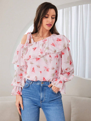 Mulvari Women's Summer Floral Print Spliced Asymmetric Ruffle Collar Bell-Sleeved Loose Shirt