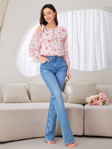 Mulvari Women's Summer Floral Print Spliced Asymmetric Ruffle Collar Bell-Sleeved Loose Shirt