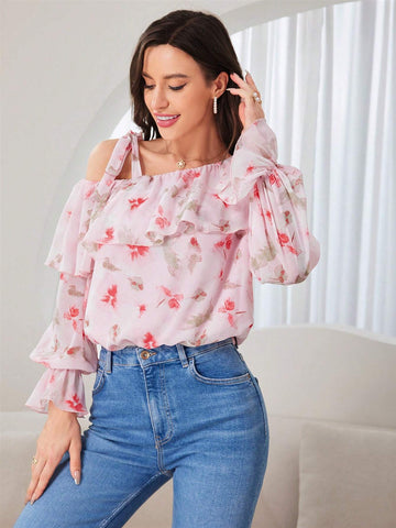 Mulvari Women's Summer Floral Print Spliced Asymmetric Ruffle Collar Bell-Sleeved Loose Shirt