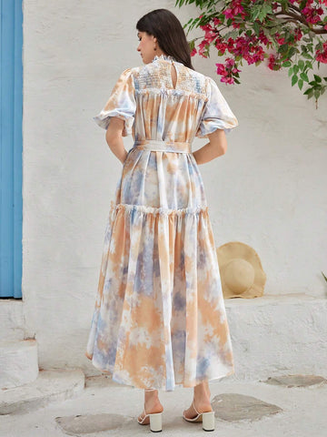 Women's Summer Frill Stand Collar Tie-Dye Elegant Dress With Puff Sleeves