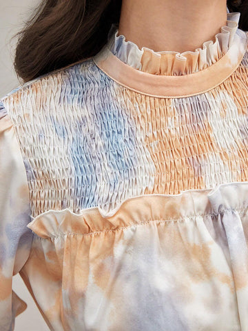 Women's Summer Frill Stand Collar Tie-Dye Elegant Dress With Puff Sleeves