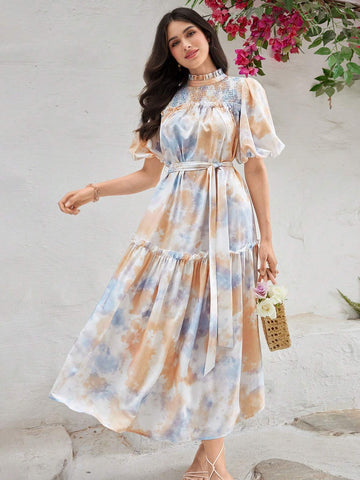 Women's Summer Frill Stand Collar Tie-Dye Elegant Dress With Puff Sleeves