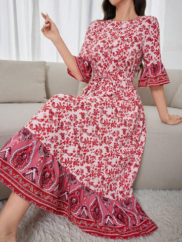 Women's Summer Holiday Full Print Ruffle Hem Dress