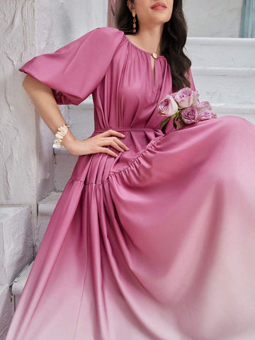 Women's Summer Keyhole Front Loose Fit Puff Sleeve Gradient Dress