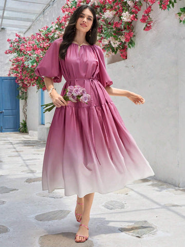 Women's Summer Keyhole Front Loose Fit Puff Sleeve Gradient Dress